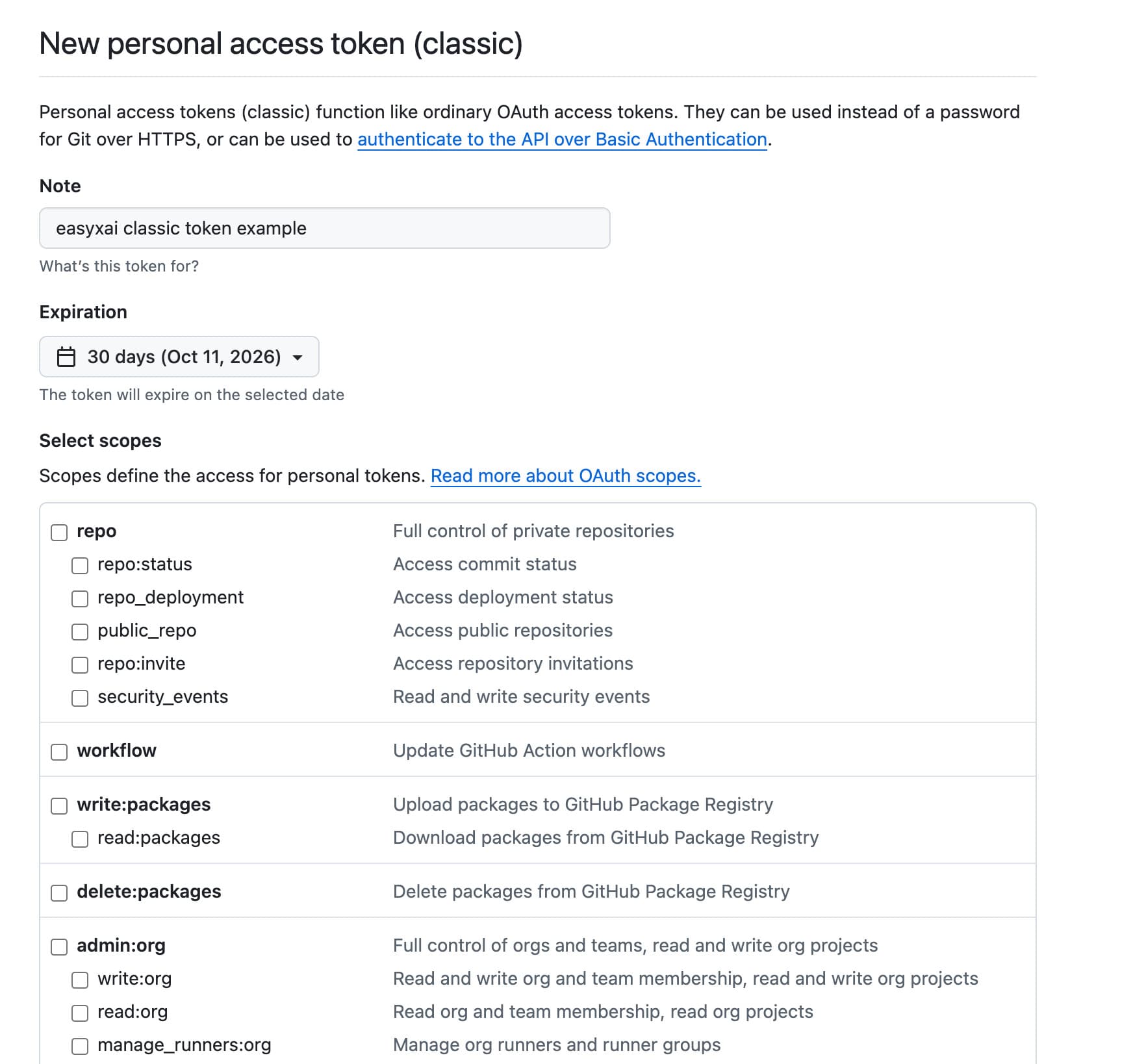 GitHub classic PAT 创建表单,填写示例备注与有效期,权限尚未勾选