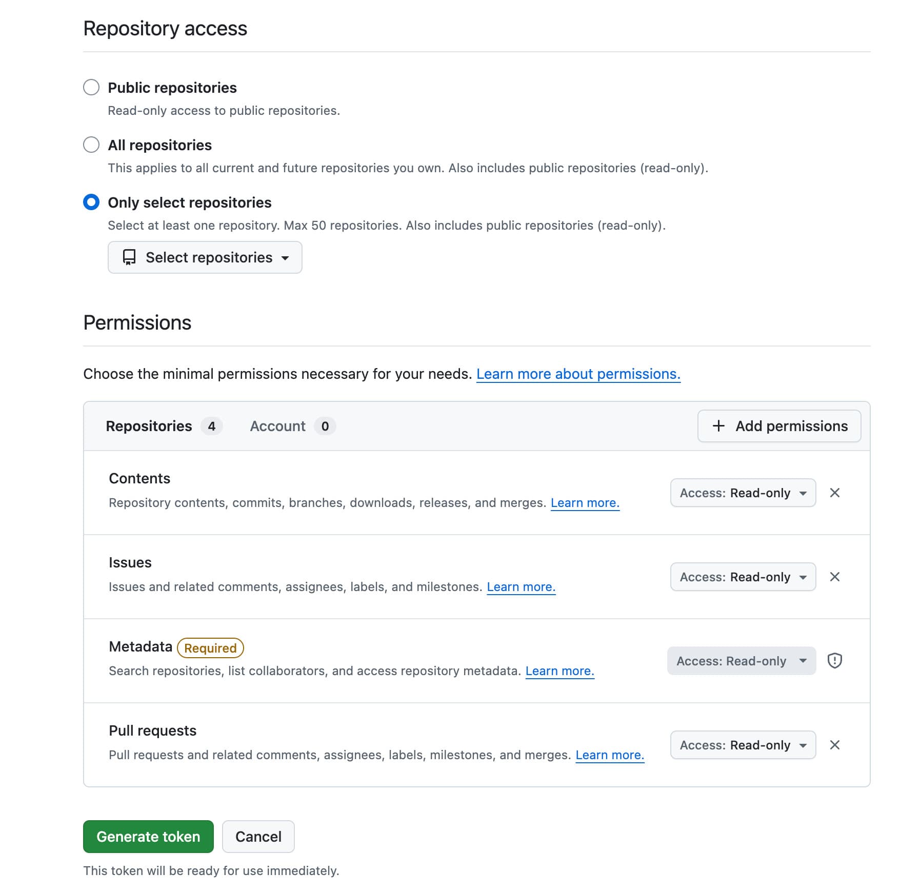 GitHub 细粒度 PAT 选择指定仓库范围,并添加 Contents、Issues、Metadata、Pull requests 只读权限